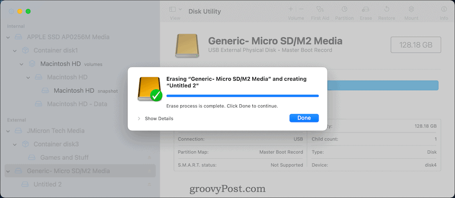 Disk Utility Brisanje kartice SD – postopek je končan