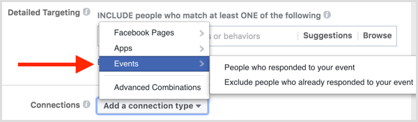 Povezave za ciljanje oglasov Facebook vključujejo izključitev ljudi, ki so se odzvali na dogodek