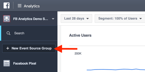 Na nadzorni plošči Facebook Analytics ustvarite skupine virov dogodkov.
