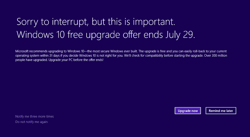 Microsoft objavlja obvestilo o koncu brezplačne nadgradnje za sistem Windows 10