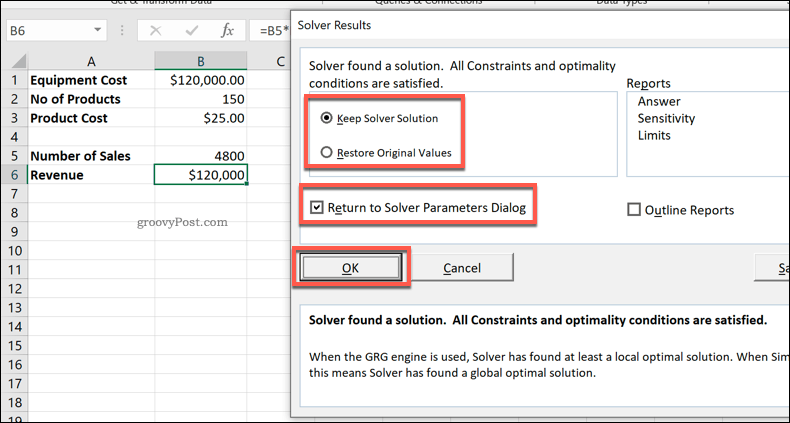 Okno z rezultati Excel Solver
