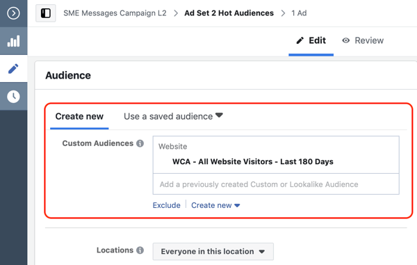 Kako pretvoriti obiskovalce spletnega mesta z oglasi Facebook Messenger, korak 2, ustvarite občinstvo po meri spletnega mesta