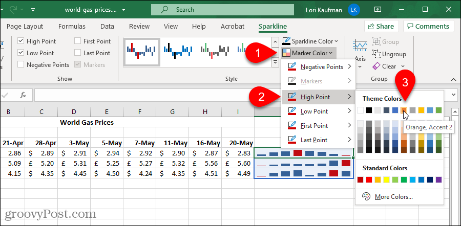 Spremenite barvo označevalnika v grafikonu Excel Sparklines