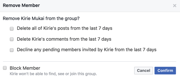 Objave članov, komentarje in povabila lahko izbrišete, ko jih odstranite iz svoje Facebook skupine.