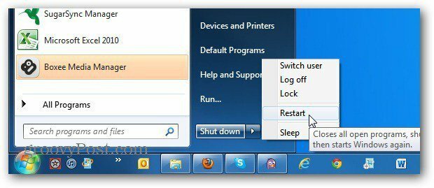 Gumb za vklop v meniju Windows 7 Start Start v Vedno znova zaženite
