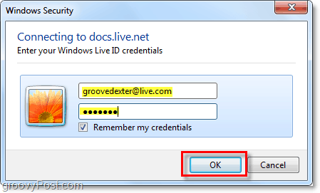 vnesite Microsoft Windows uporabniško ime in geslo v Microsoft Office 2010