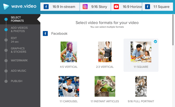 Razvijte strategijo za družabne videoposnetke, ustvarite video z Wave.video, možnostmi predloge za facebook.