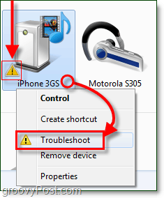 z desno tipko miške kliknite Bluetooth napravo in kliknite na odpravljanje težav, opazite ikono za odpravljanje težav, ki jo predstavlja oranžna klicaj