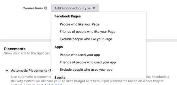 Dodajte možnosti vrste povezave za oglaševalsko akcijo s Facebookom.