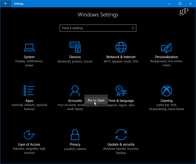Kategorije nastavitev za Windows 10