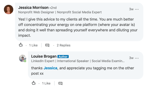 primer odziva na komentar v objavi v LinkedInu