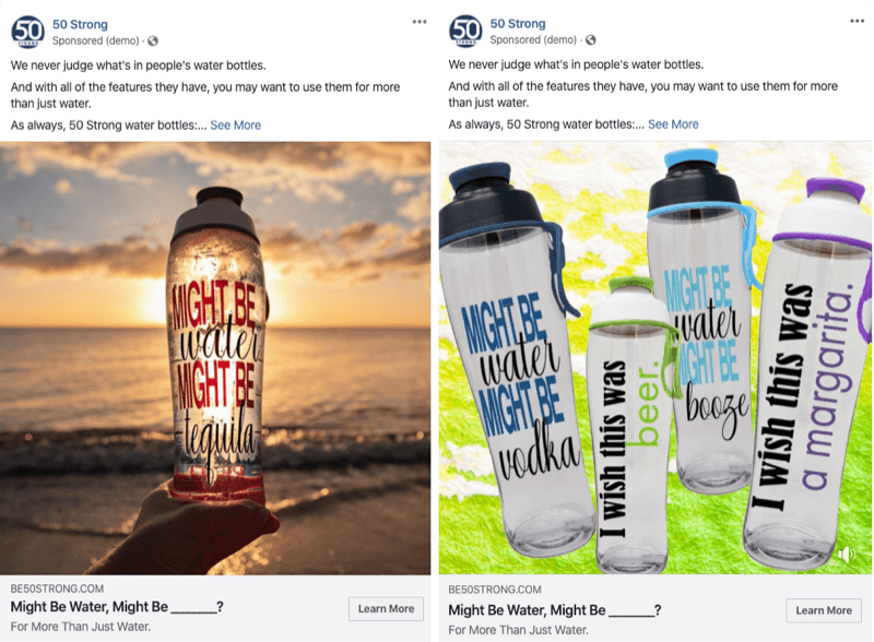 dva Facebook oglasa z različnimi slikami za preizkušanje s Facebook eksperimenti