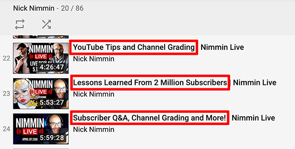 To je posnetek zaslona videoposnetkov v živo v YouTubu s kanala Nick Nimmin.