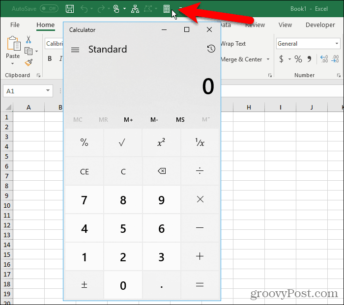 Windows kalkulator v orodni vrstici za hitri dostop v Excelu