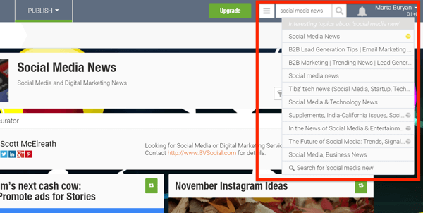 Primeri virov vsebine "novic iz družbenih omrežij" v Scoop.it.