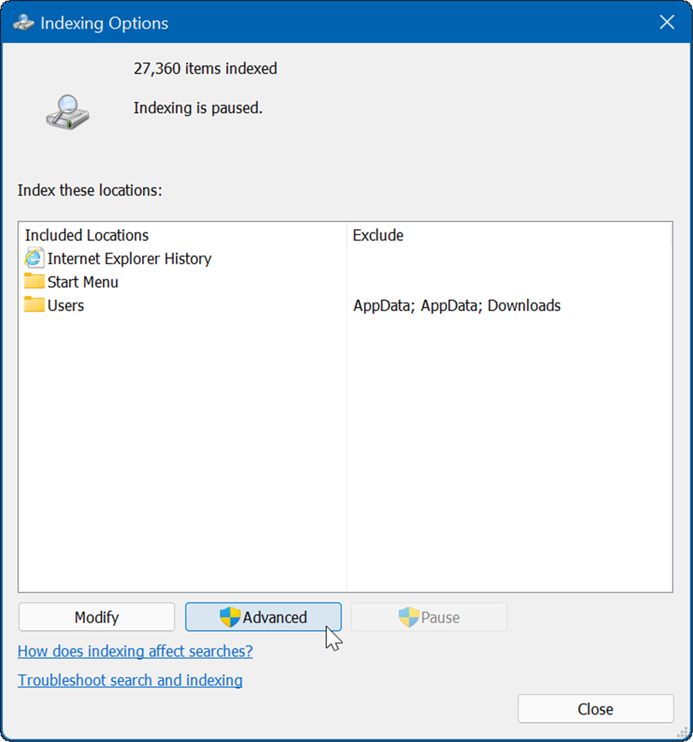 indeksiranje popravi 100-odstotno uporabo diska v sistemu Windows 11