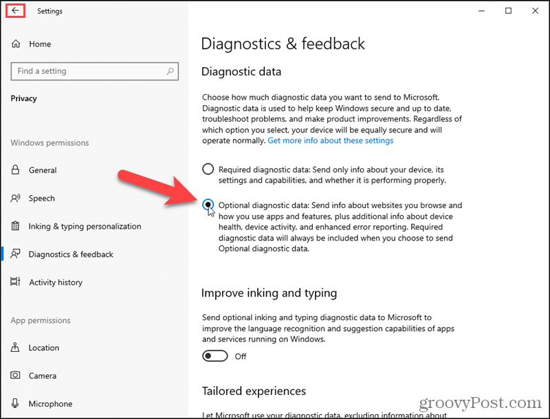 Vklopite izbirne diagnostične podatke sistema Windows 10