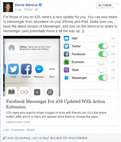 "Uporabniki Facebook Messengerja z napravami iPhone ali iPad lahko po posodobitvi aplikacije za iOS zdaj delijo fotografije ali povezave neposredno do aplikacije."