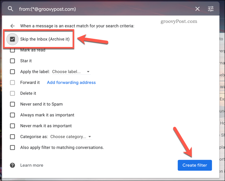 Preskočite pravilo filtra za Gmail