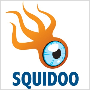 To posnetek zaslona logotipa Squidoo, ki je oranžno bitje s štirimi lovkami in velikim modrim očesom.