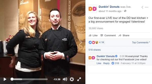 Dunkin Donuts uporablja videoposnetek Facebook Live, da oboževalce popelje v zakulisje.