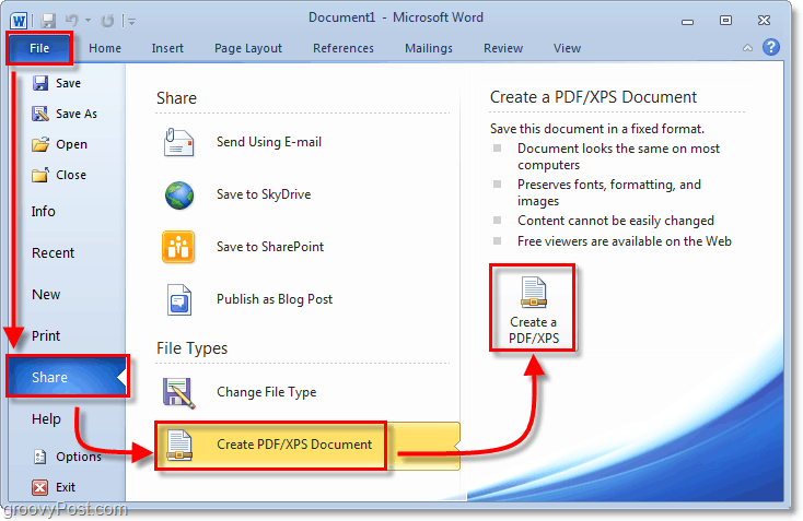 shranite dokument z možnostjo deljenja pdf v programu Office 2010