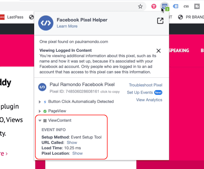 Facebook Pixel Helper prikazuje dogodke Pogled strani in Ogled vsebine