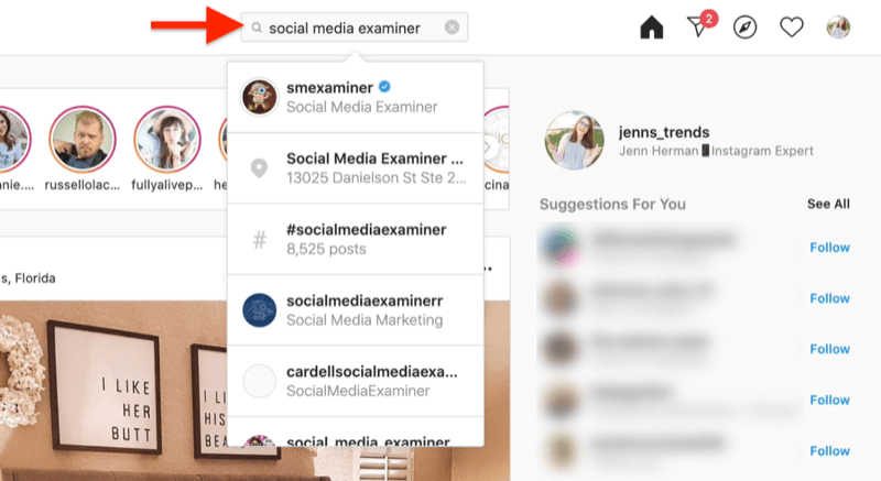 posnetek zaslona, ​​ki prikazuje iskanje računa instagram z uporabo iskalnih izrazov izpraševalca družabnih omrežij