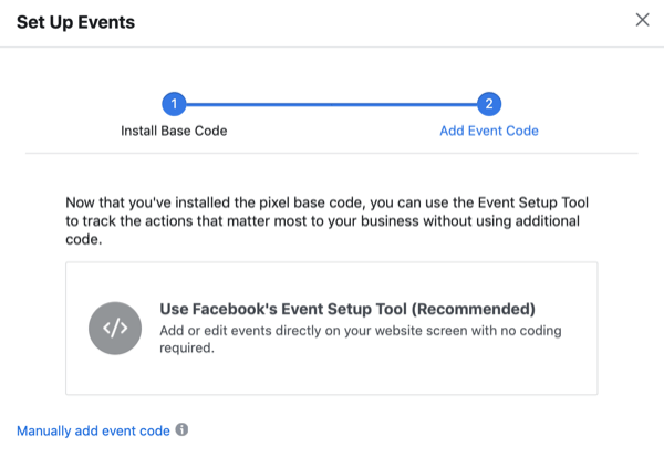 Pogovorno okno Nastavi dogodke z možnostjo Uporabi Facebook-ovo orodje za nastavitev dogodkov