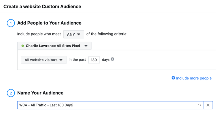 nastavite občinstvo po meri spletnega mesta Facebook za vse obiskovalce spletnega mesta v zadnjih 180 dneh