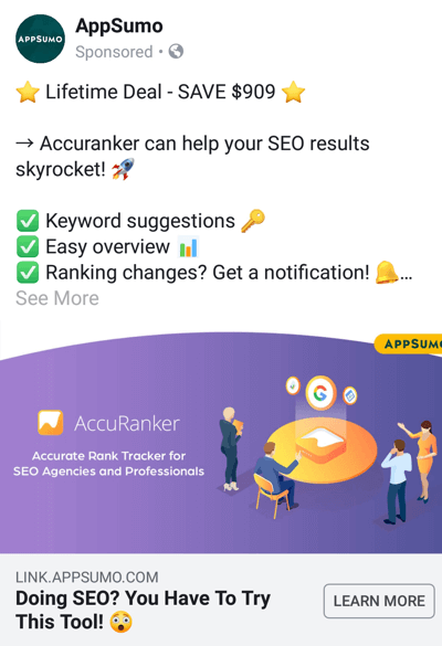 Tehnike oglaševanja na Facebooku, ki prinašajo rezultate, na primer AppSumo, ki ponuja ponudbo