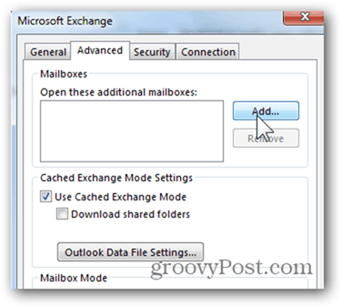 Dodaj nabiralnik Outlook 2013 - Kliknite Napredno, Dodaj