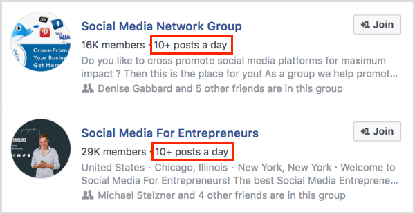 primeri števila objav na dan za Facebook skupino