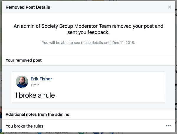 Videti je, da Facebook Skupine dajejo skrbnikom možnost, da objavijo razlog, zakaj je bila objava odstranjena osebi, ki jo je objavila.