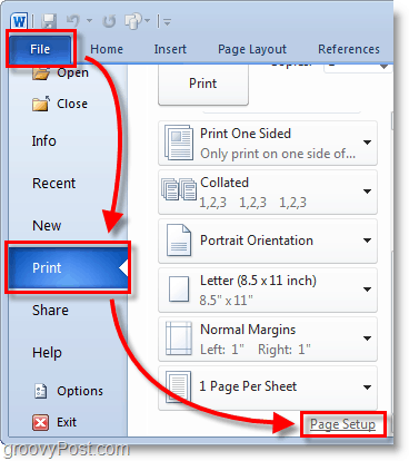 Posnetek zaslona Micosoft Word 2010 v ozadju izberite datoteko> meni za tiskanje in kliknite nastavitev strani v besedi 2010