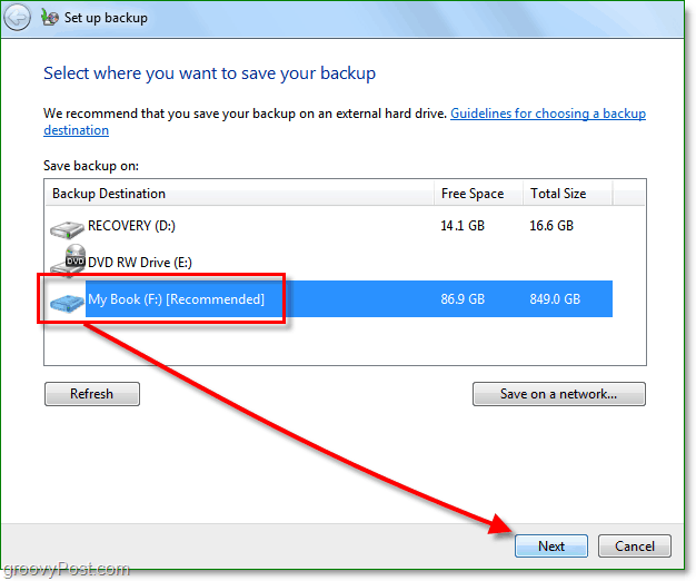 Varnostno kopiranje sistema Windows 7 - izberite mesto varnostne kopije