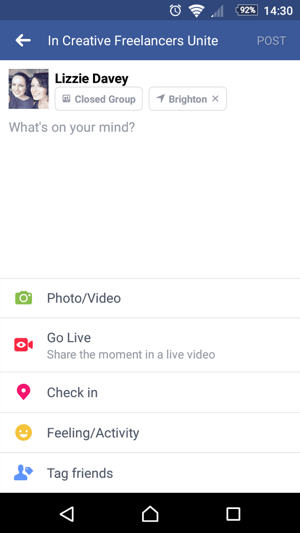 Če želite začeti uporabljati Facebook Live, tapnite Pojdi v živo, ko ustvarjate stanje.