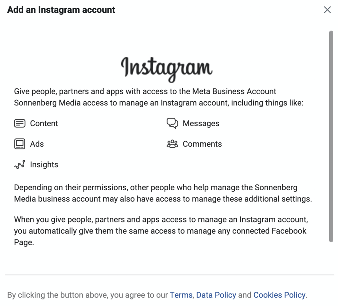 slika zaslona Dodajanje računa Instagram v Meta Business Managerju