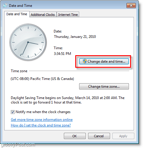 Posnetek zaslona sistema Windows 7 - spremenite datum in uro