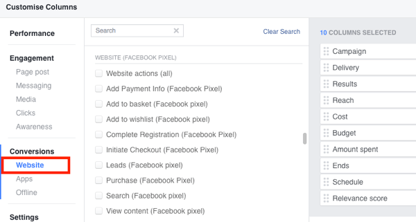 V poročanje Facebook Ads Manager dodajte standardna dejanja dogodkov.
