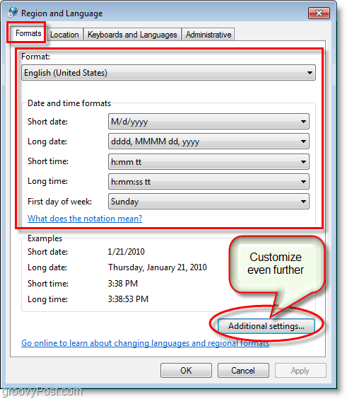 Posnetek zaslona sistema Windows 7 spreminja nastavitve regij in jezika