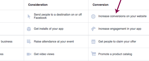 Izberite cilj oglaševalske akcije na Facebooku.