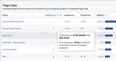 facebook vpogled v občinstvo segment afiniteta pojavno okno