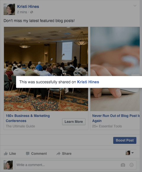 facebook vrtiljak oglas v skupni rabi kot sporočilo o potrditvi objave strani