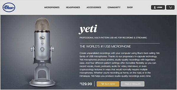 Dusty Porter priporoča nadgradnjo na mikrofon USB, kot je Blue Yeti. Na modri prodajni strani mikrofona Yeti se na temno sivi podlagi prikaže slika kromiranega mikrofona na stojalu. Cena je navedena kot 129,00 USD.