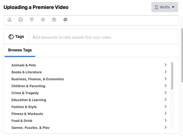 Kako nastaviti Facebook Premiere, korak 4, video oznake