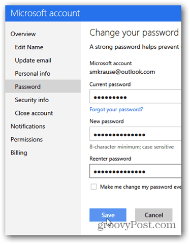 spremenite geslo za Outlook.com - kliknite spremembo gesla