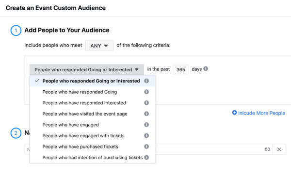 Kako promovirati svoj dogodek v živo na Facebooku, korak 11, ustvarite občinstvo po meri ljudi, ki so se odzvali ali so se zanimali za vaš dogodek