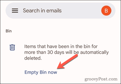 Možnost praznjenja koša v Gmailu v mobilni napravi
