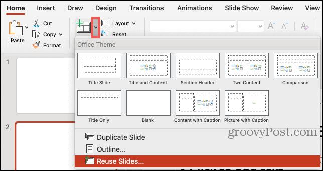 Nov diapozitiv, ponovna uporaba diapozitivov v programu PowerPoint na Macu